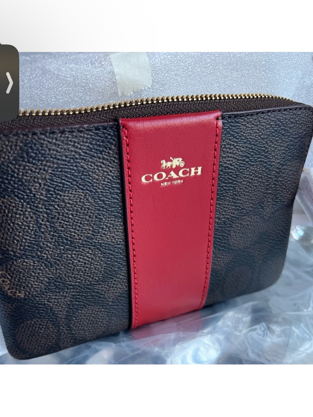Coach Brown Signature Canvas Cosmetic Pouch with Red Center Stripe